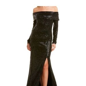 Rene Ruiz
Black Off-The-Shoulder Long Sleeve Sequin Gown